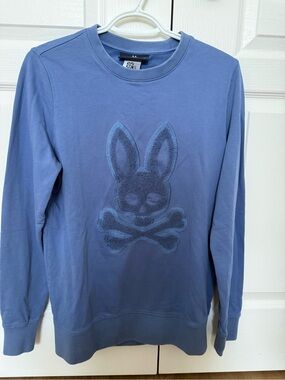 Psycho Bunny Tonal Embroidered Bunny Skull Crewneck Sweatshirt Blue XS